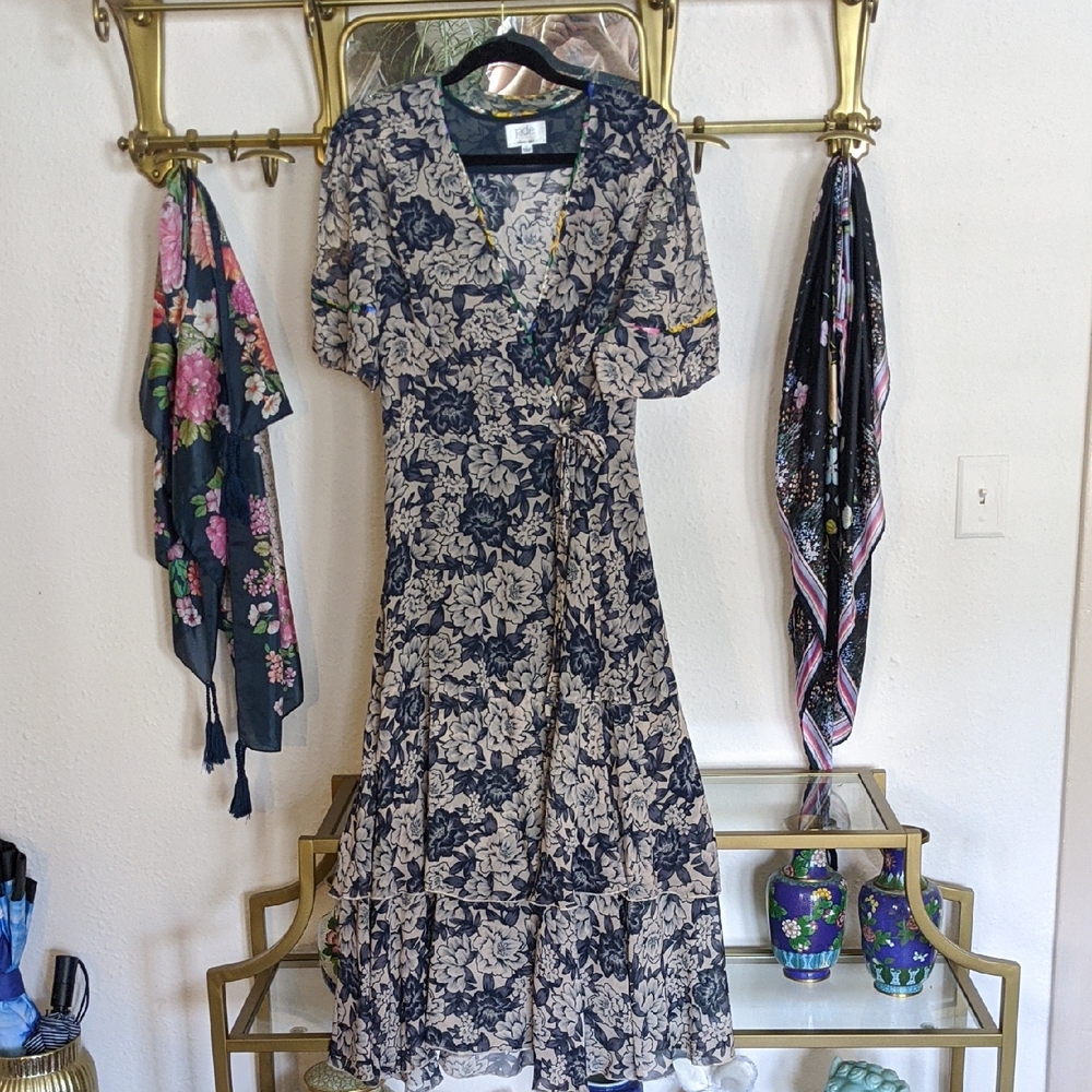 Johnny Was Jade Floral Wrap Dress in Navy and Cream
